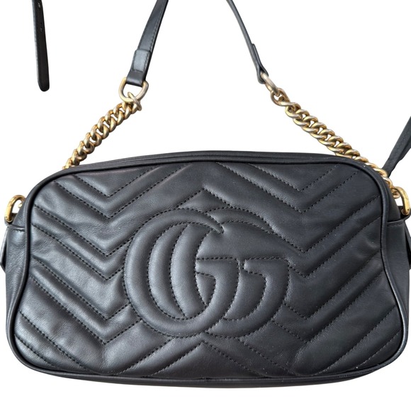 Gucci Marmont Matelasse Camera Bag Black Leather Gold GG Logo Crossbody - Picture 2 of 14